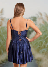 Carla | Navy Blue Satin Beaded V Neck A Line Backless Short Homecoming Dress - Navy Blue - PromDressClub